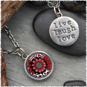 Black White Red Flower "Live, Laugh, Love" Circle Pendant